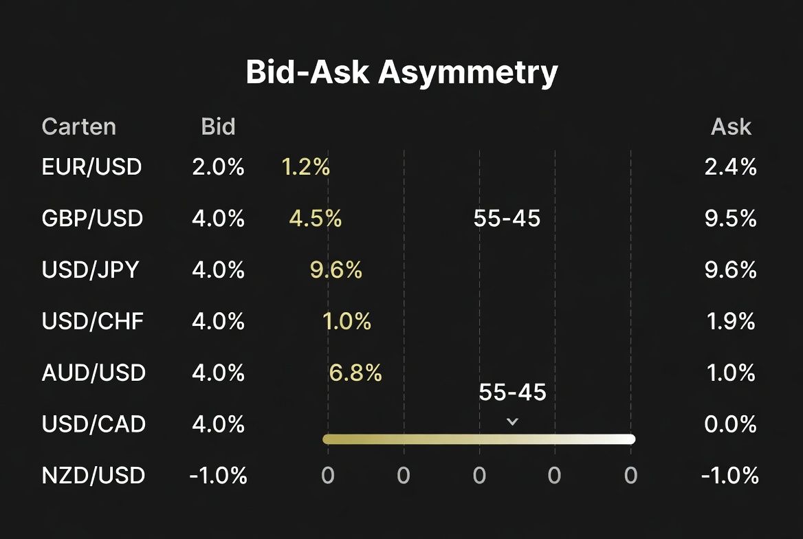Bid-ask asymmetry below 55/45 threshold across major asset pairs