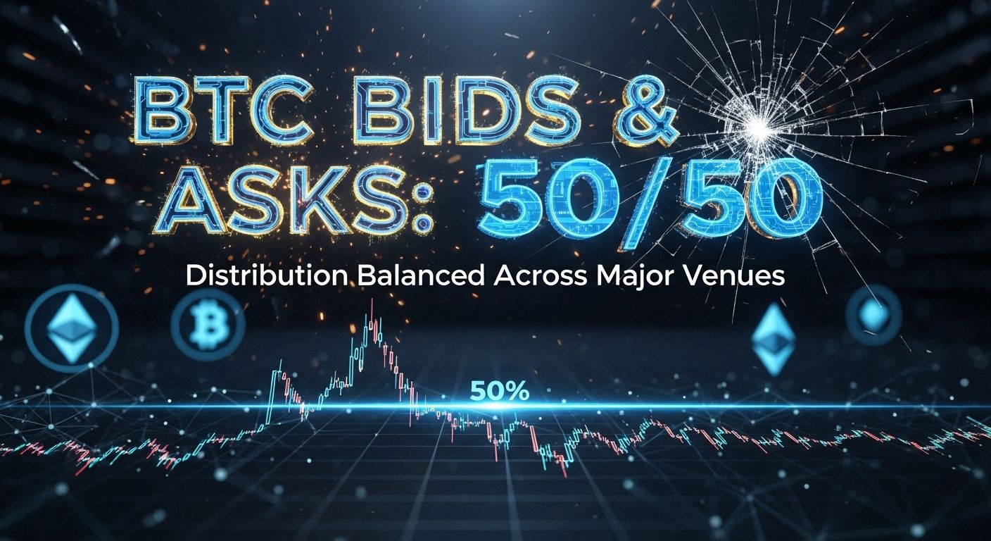BTC bid-ask distribution balanced at 50/50 across major venues