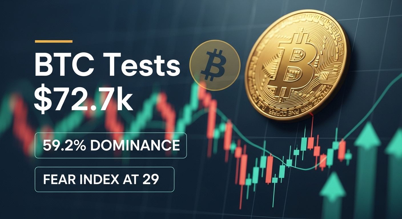 BTC tests $72.7K with 59.2% dominance — fear index at 29