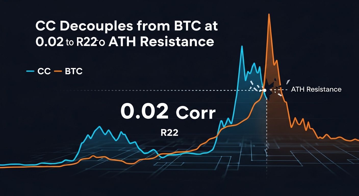 CC decouples from BTC at -0.02 corr — 22% to ATH resistance