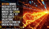 Bitcoin mining hash rate hits record as public miners tap $200M credit lines, yet their equity valuations decouple from the underlying asset