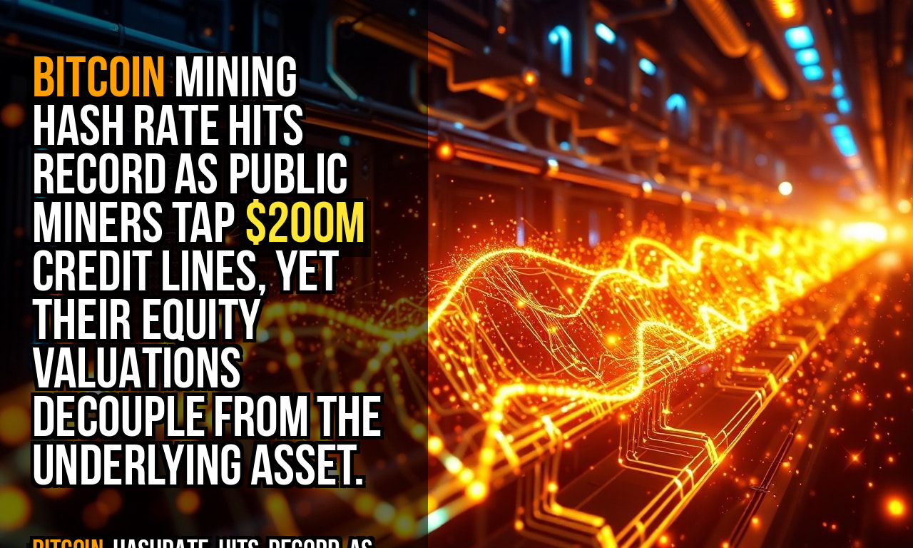 Bitcoin mining hash rate hits record as public miners tap $200M credit lines, yet their equity valuations decouple from the underlying asset