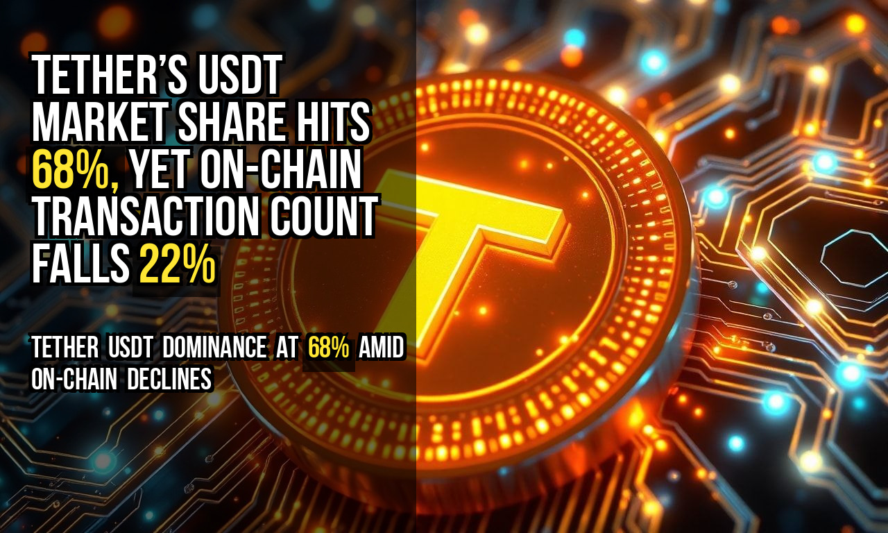 Tether’s USDT market share hits 68%, yet on-chain transaction count falls 22%