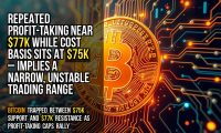 Repeated profit-taking near $77k while cost basis sits at $75k – implies a narrow, unstable trading range