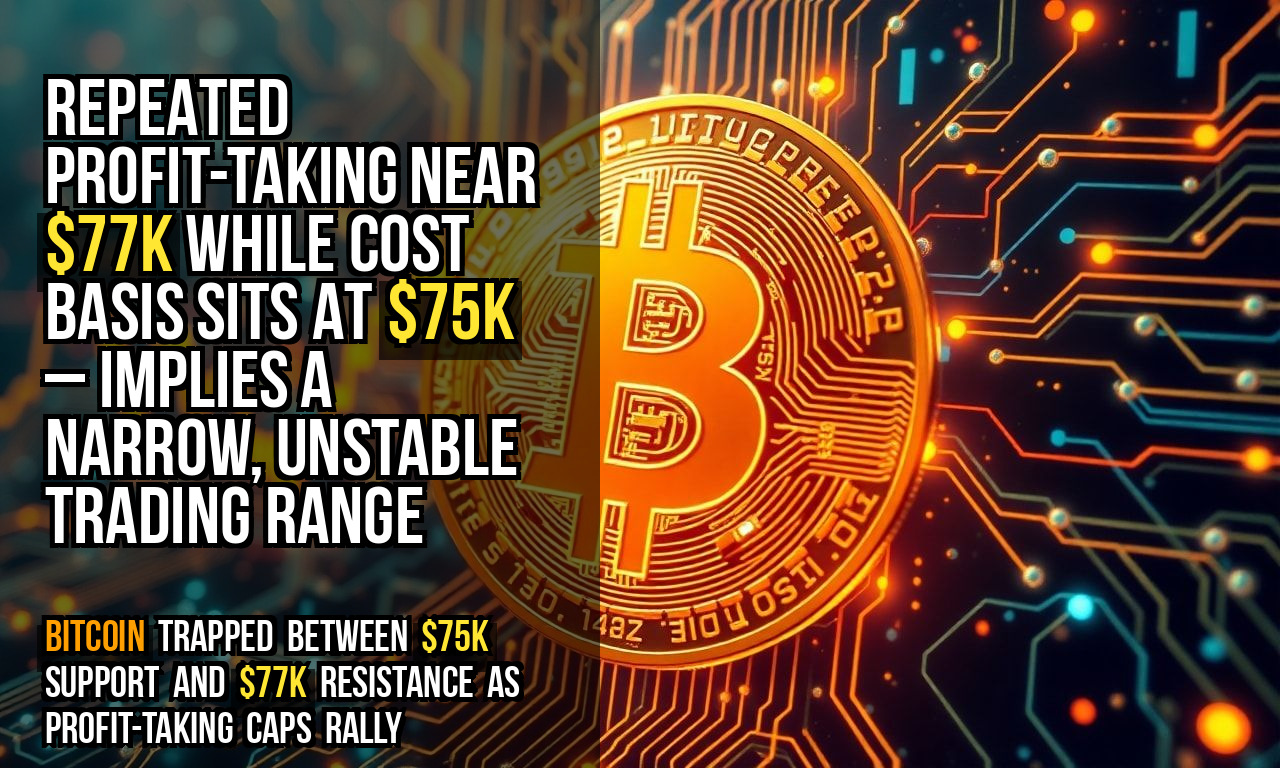Repeated profit-taking near $77k while cost basis sits at $75k – implies a narrow, unstable trading range