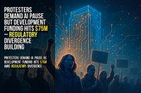 Protesters demand AI pause but development funding hits $75M – regulatory divergence building